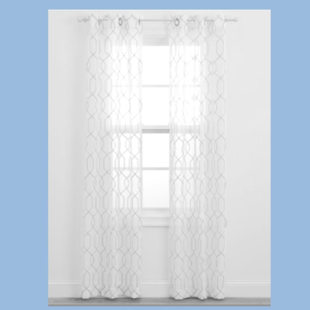 ๐ฏ White sheer window panel pair w/ eyelets white embroidered pattern - NWT - Picture 5 of 5